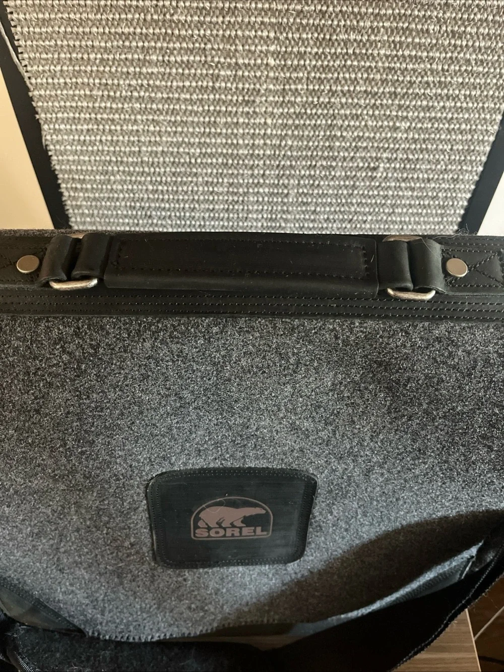 Sorel Gray Felt Messenger Bag with Black Strap